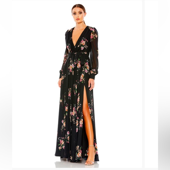 Ieena For Mac Duggal Belted Floral Print Illusion‎ Long Sleeve Gown Blac… - Picture 1 of 9